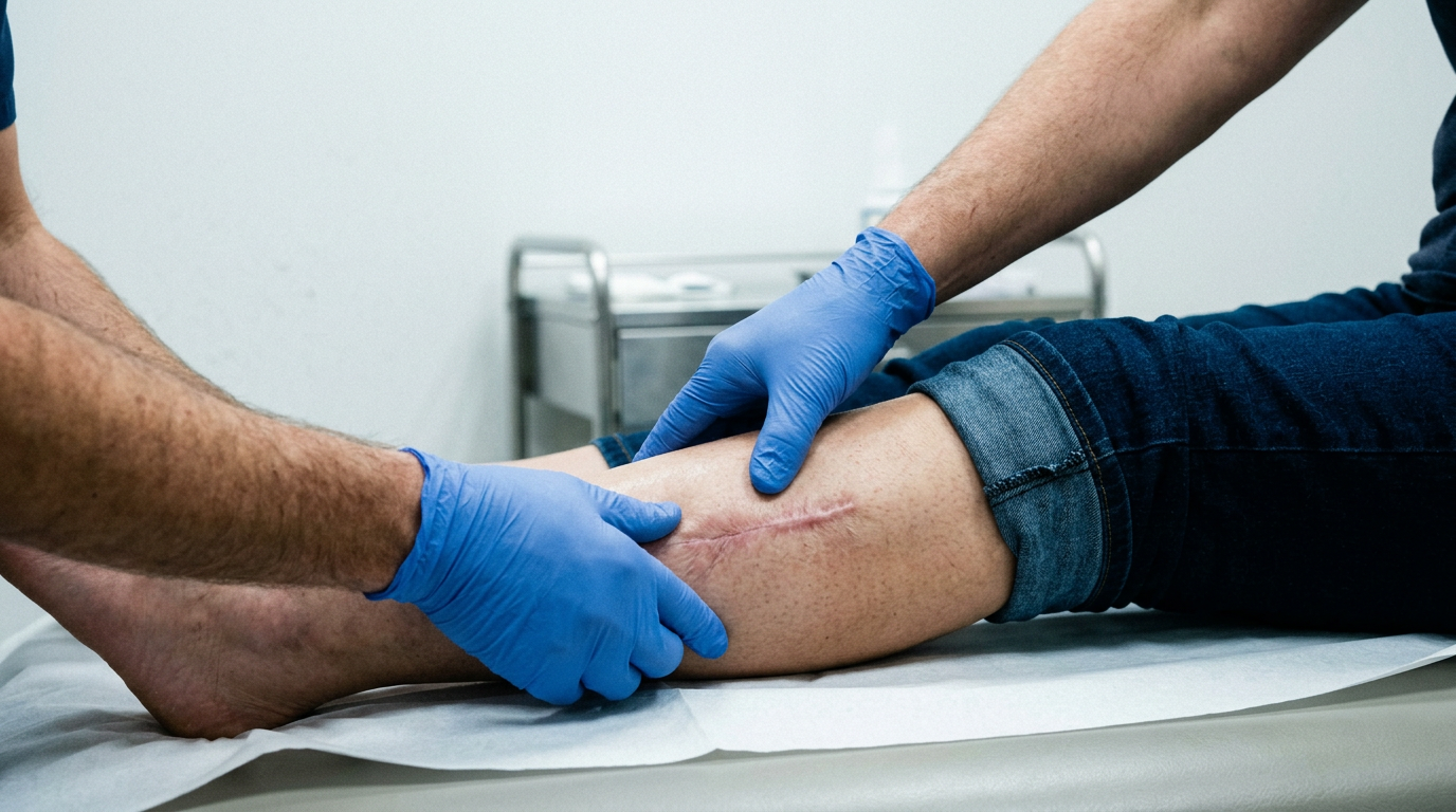 Clinical photograph of scar tissue displayed on a dark medical monitor for documentation purposes in a dermatology exam room