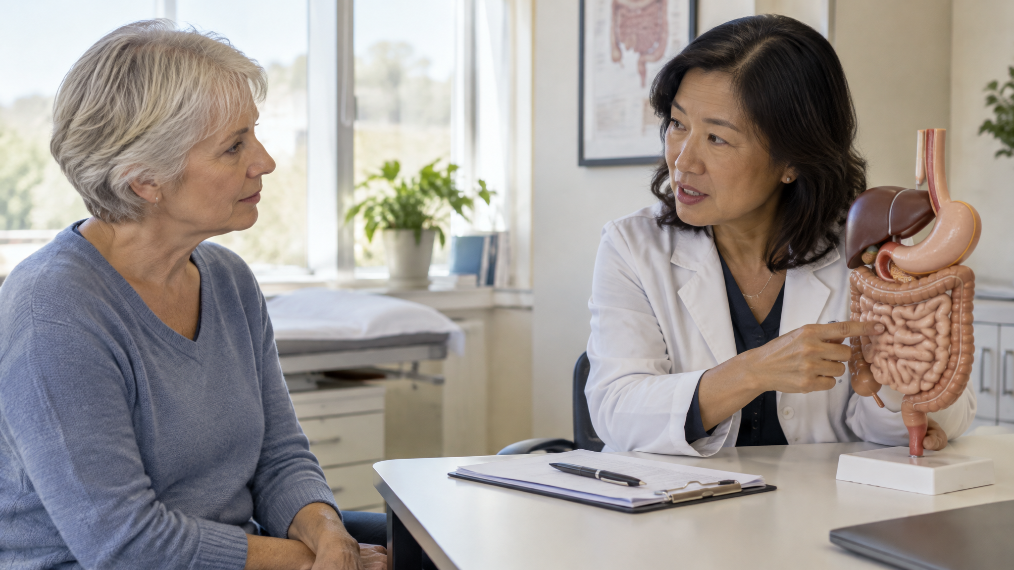 A silver-haired woman veteran listening as a female gastroenterologist points to a model of the digestive system