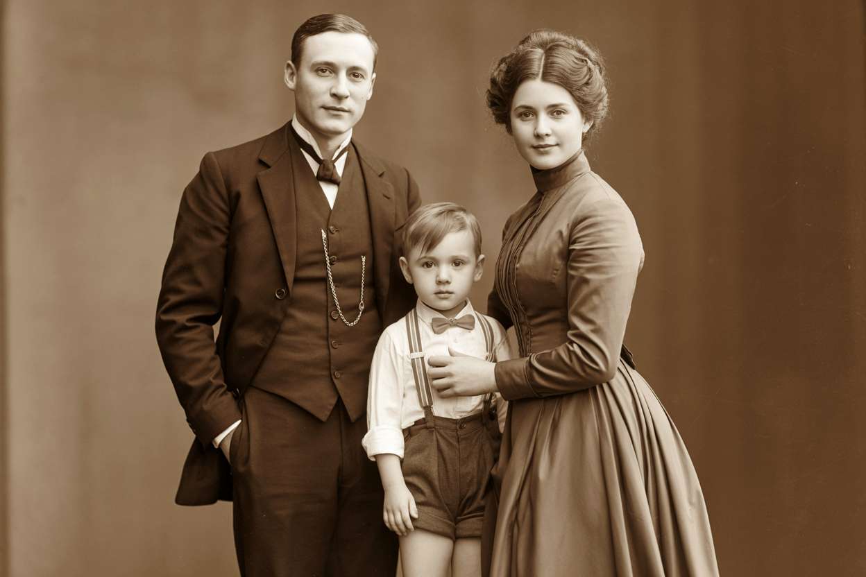 Vintage family portrait of couple with young child