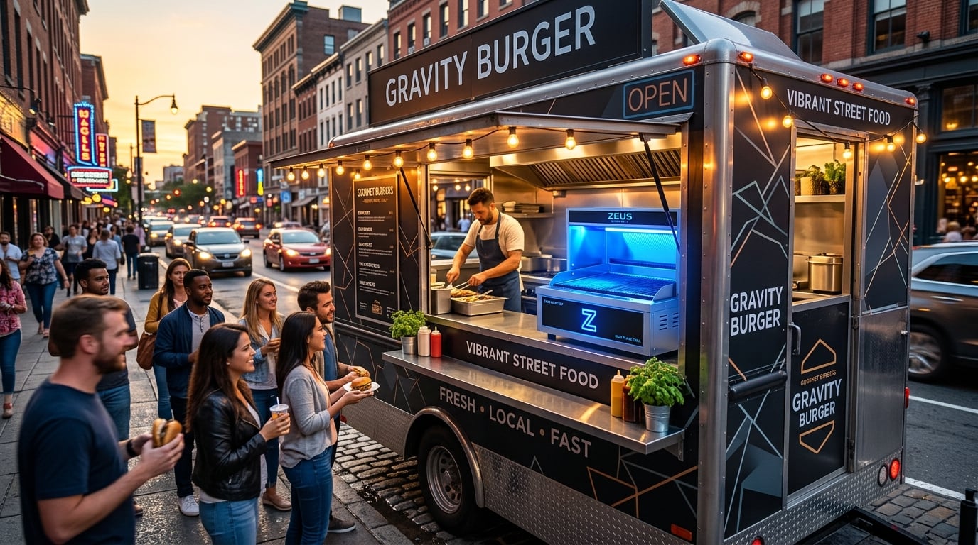 Food truck using Zeus Compact cooker with blue LED glow visible through the service window