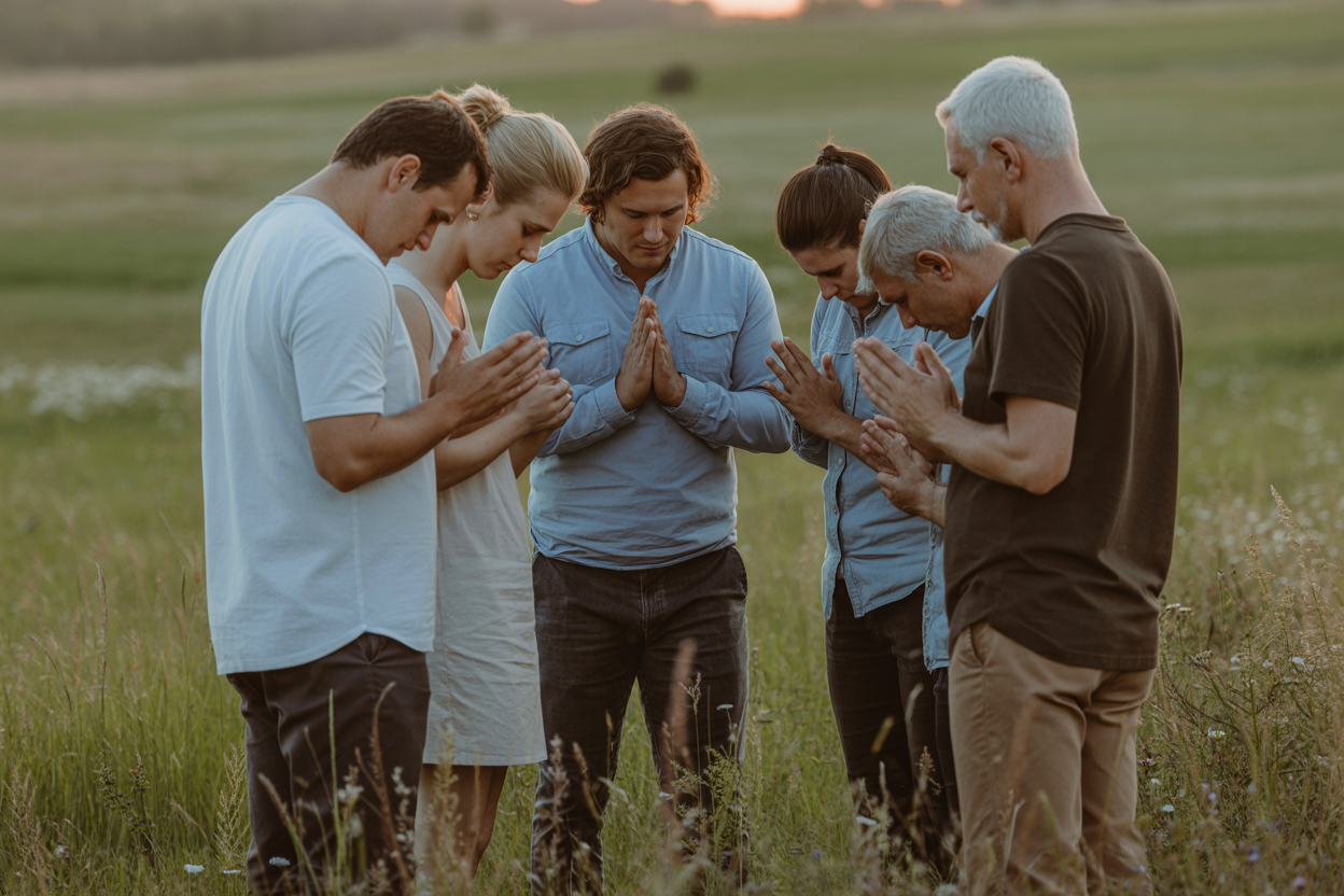 People gathered for prayer in a meadow