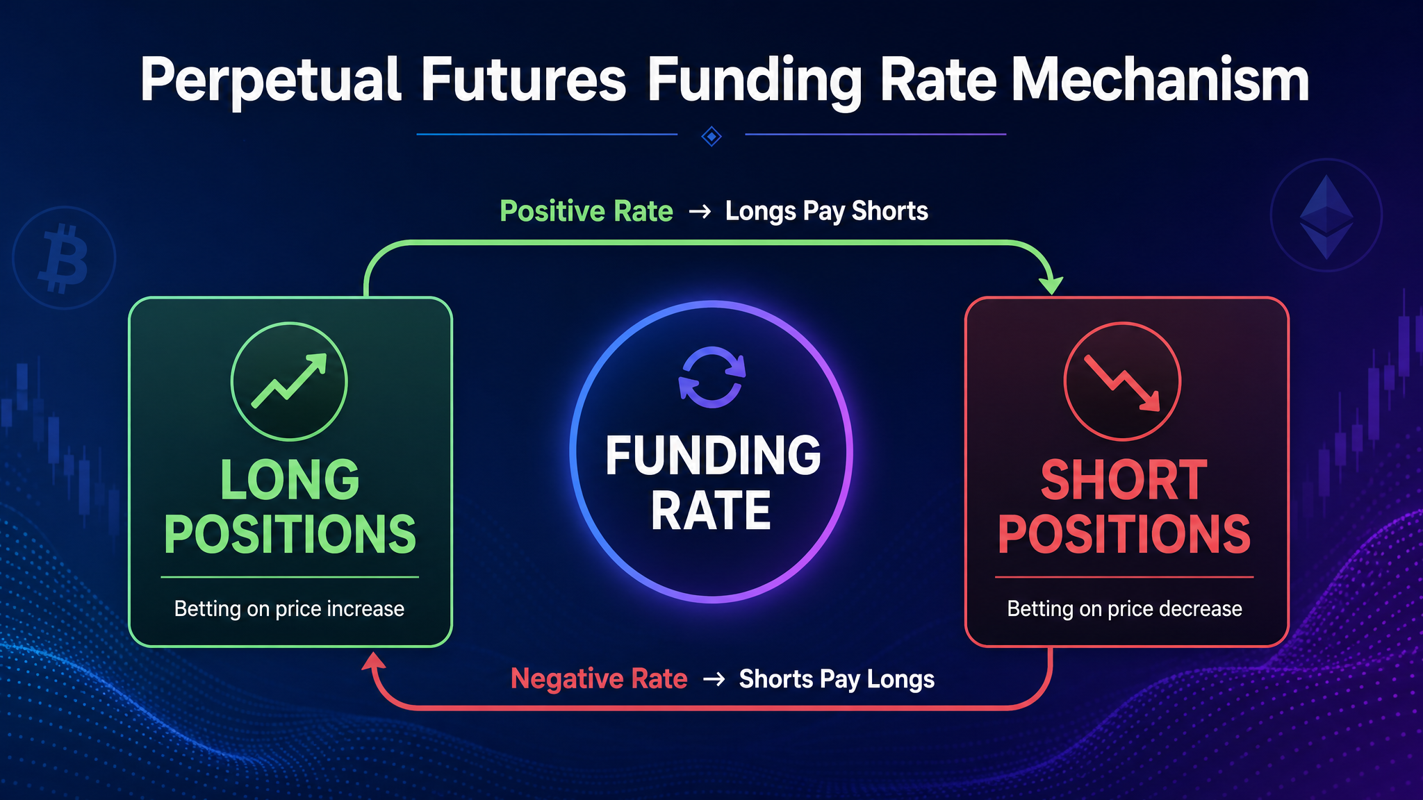 Bitcoin perpetual futures funding rate mechanism diagram showing long and short position payments