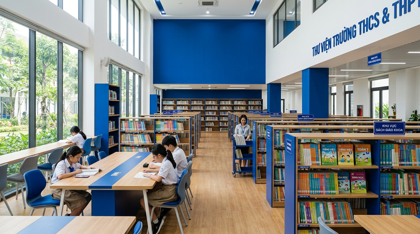 Không gian thư viện với các kệ sách giáo khoa được sắp xếp ngăn nắp