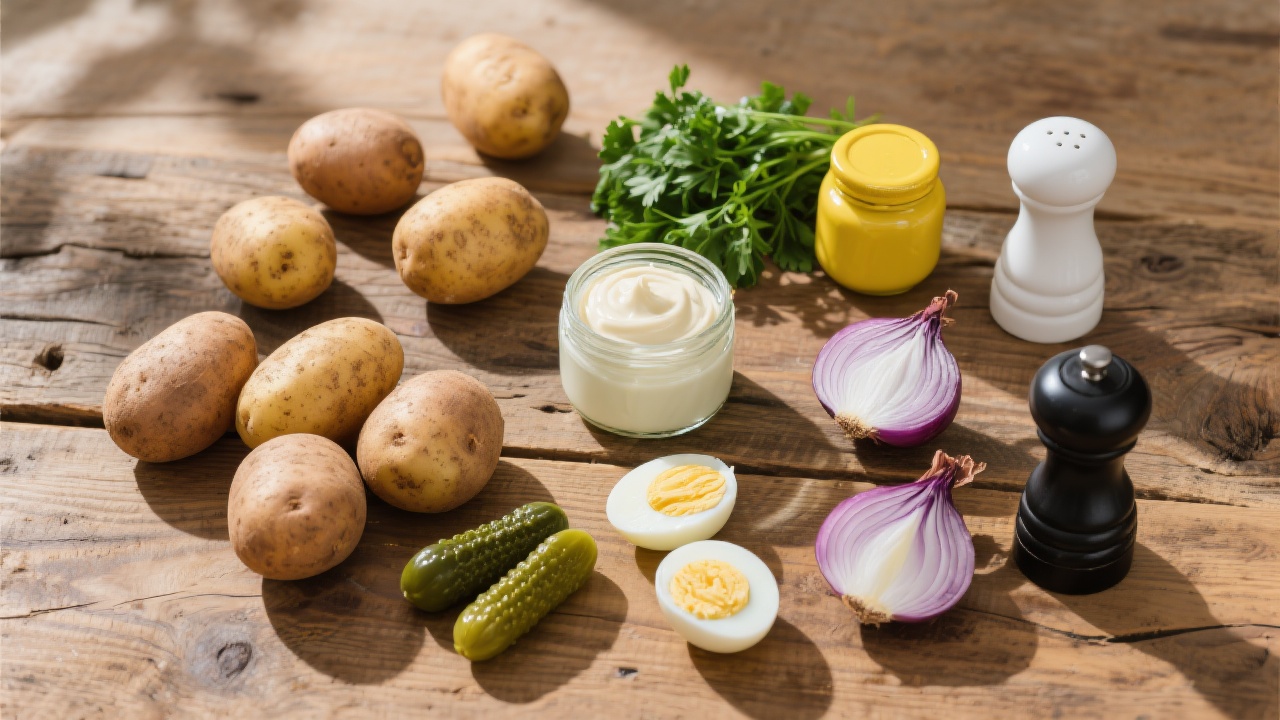Salade de Pomme de Terre 2 Gros plan d’une salade de pommes de terre crémeuse avec mayonnaise, ciboulette et cornichons.