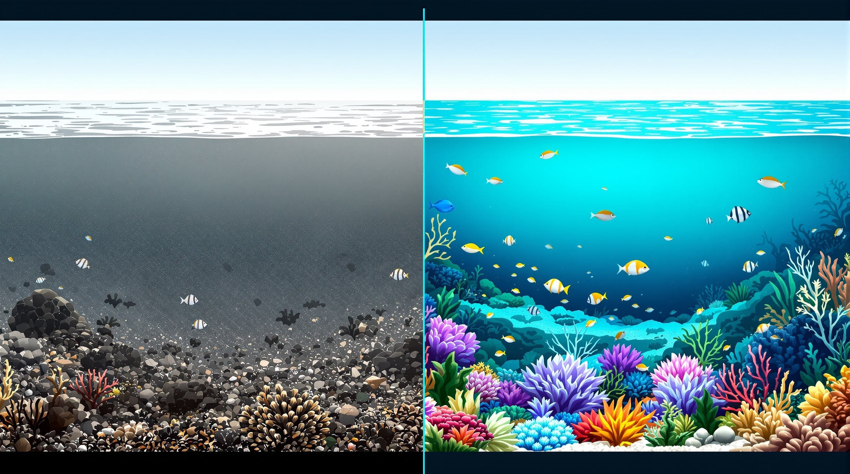 Restauration de l'écosystème marin - comparaison avant/après purification : fond marin pollué à gauche vs écosystème restauré avec coraux et vie marine à droite
