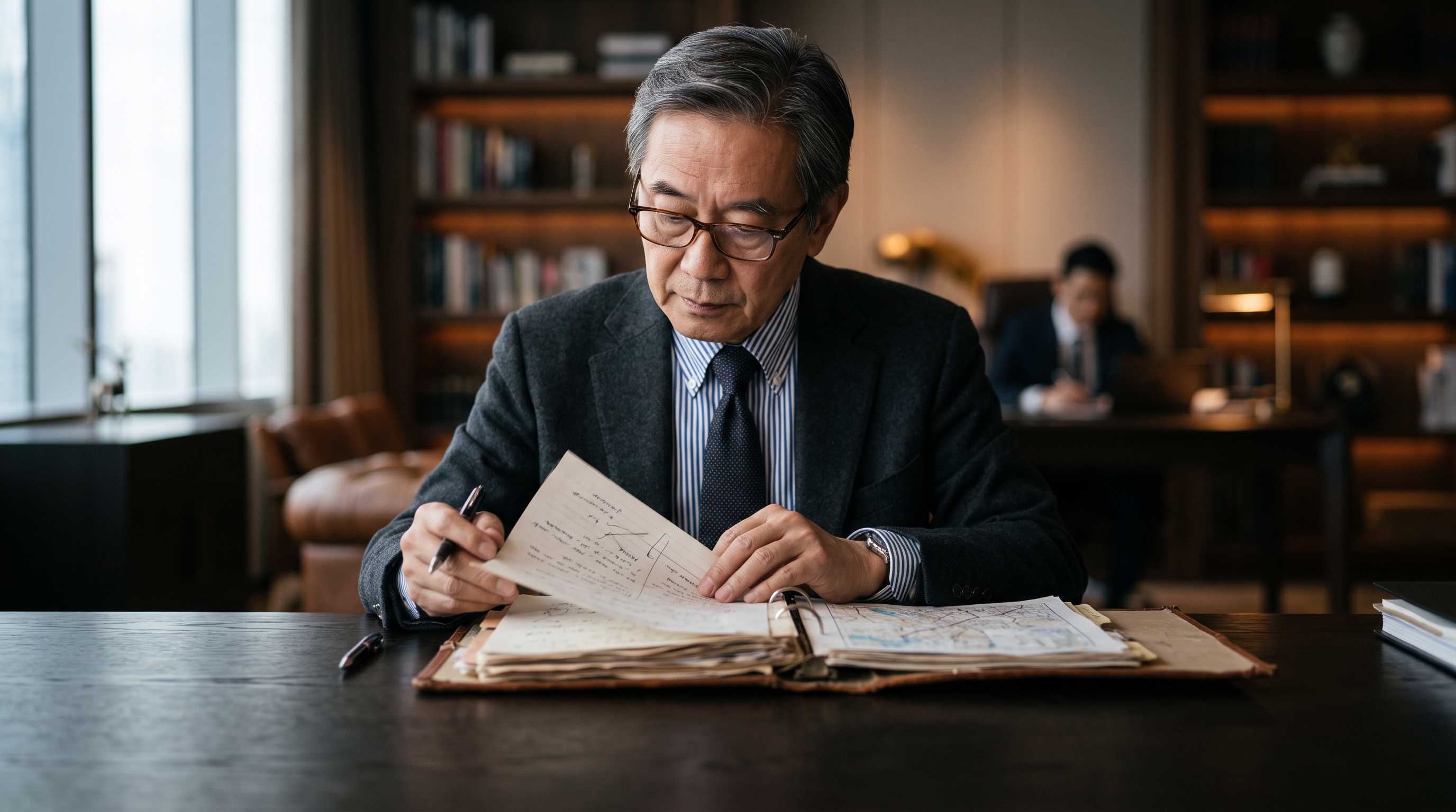 A senior reviewer examining a case file at a desk