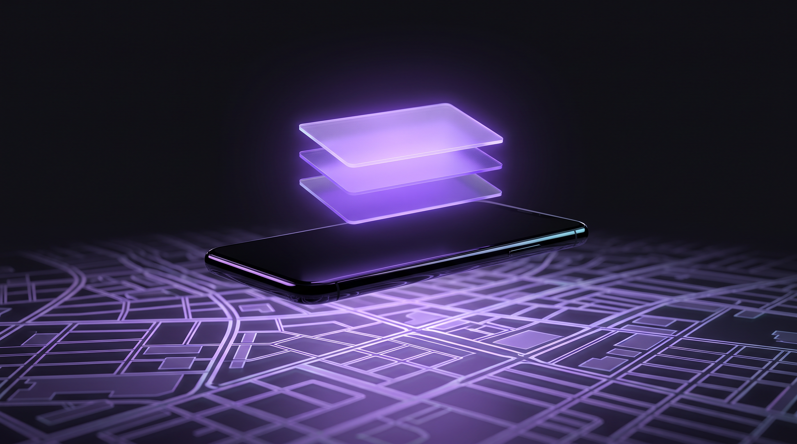 A dark phone lying flat on a glowing violet street-grid map, with three translucent violet cards stacked in the air above its screen