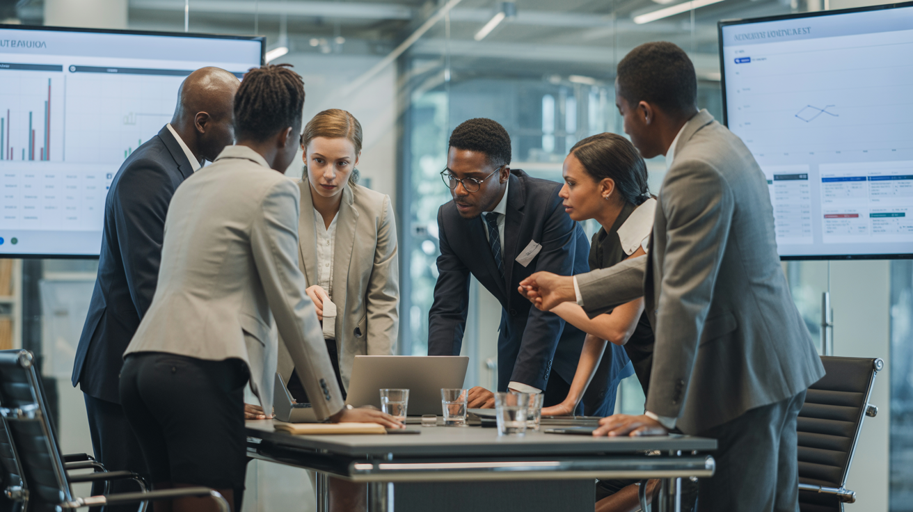 African professionals collaborating in high-tech boardroom