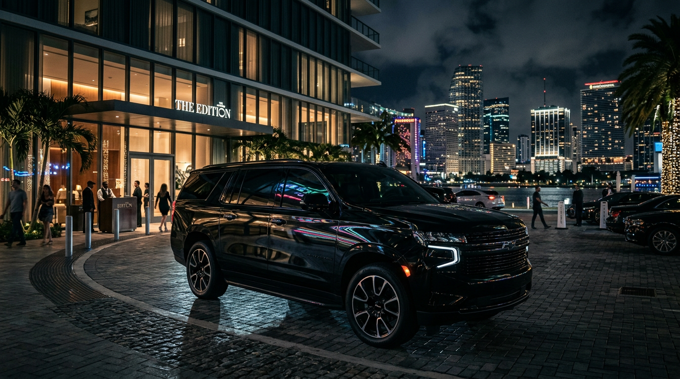 Black Chevrolet Suburban parked at night in downtown Miami