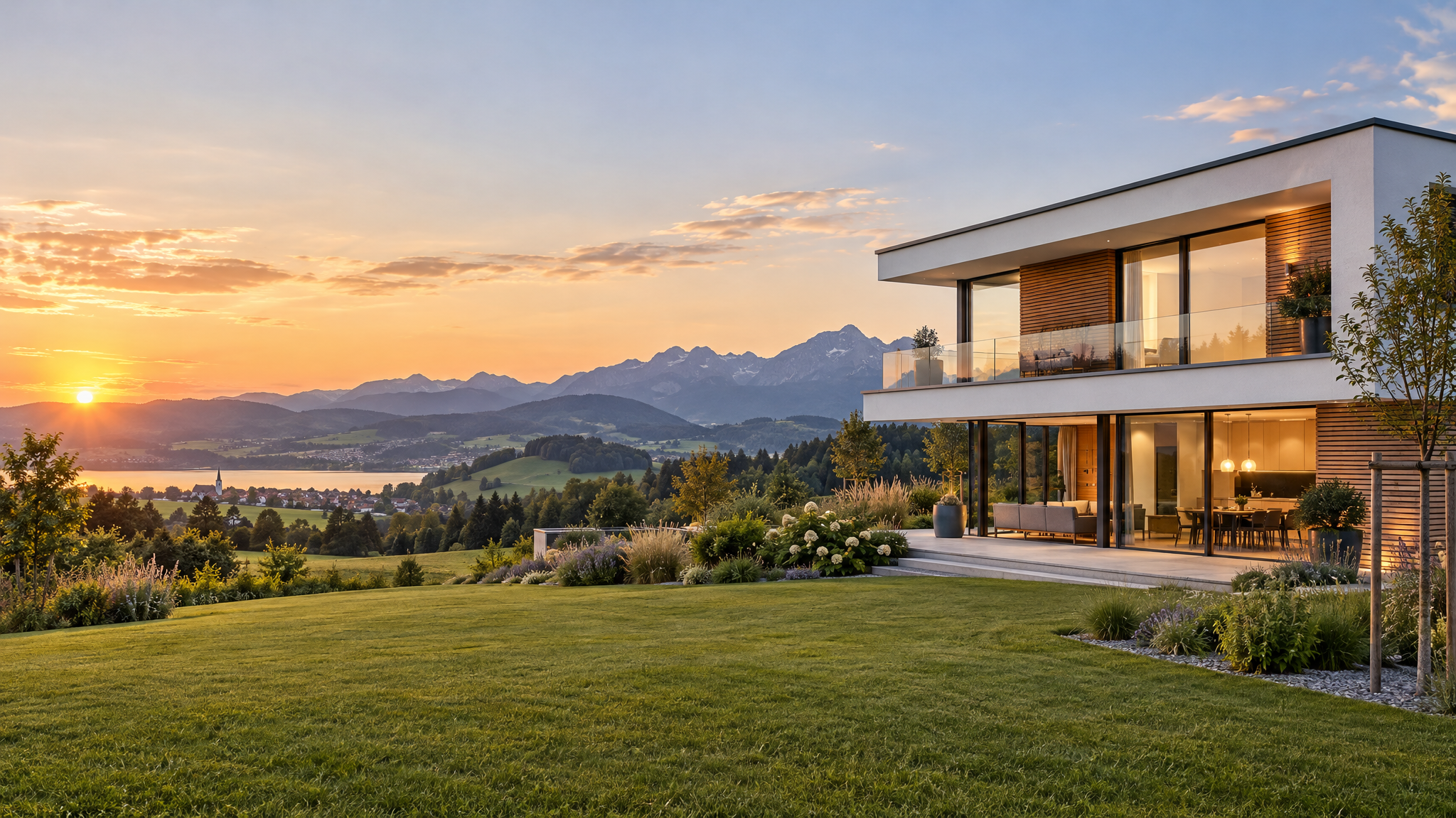 Modernes Einfamilienhaus (Villa) mit Garten vor bayerischer Alpenkulisse bei Sonnenuntergang