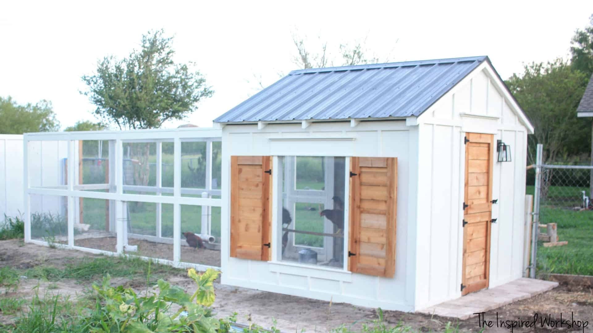 Beautiful backyard chicken coop with free-range chickens in a garden setting