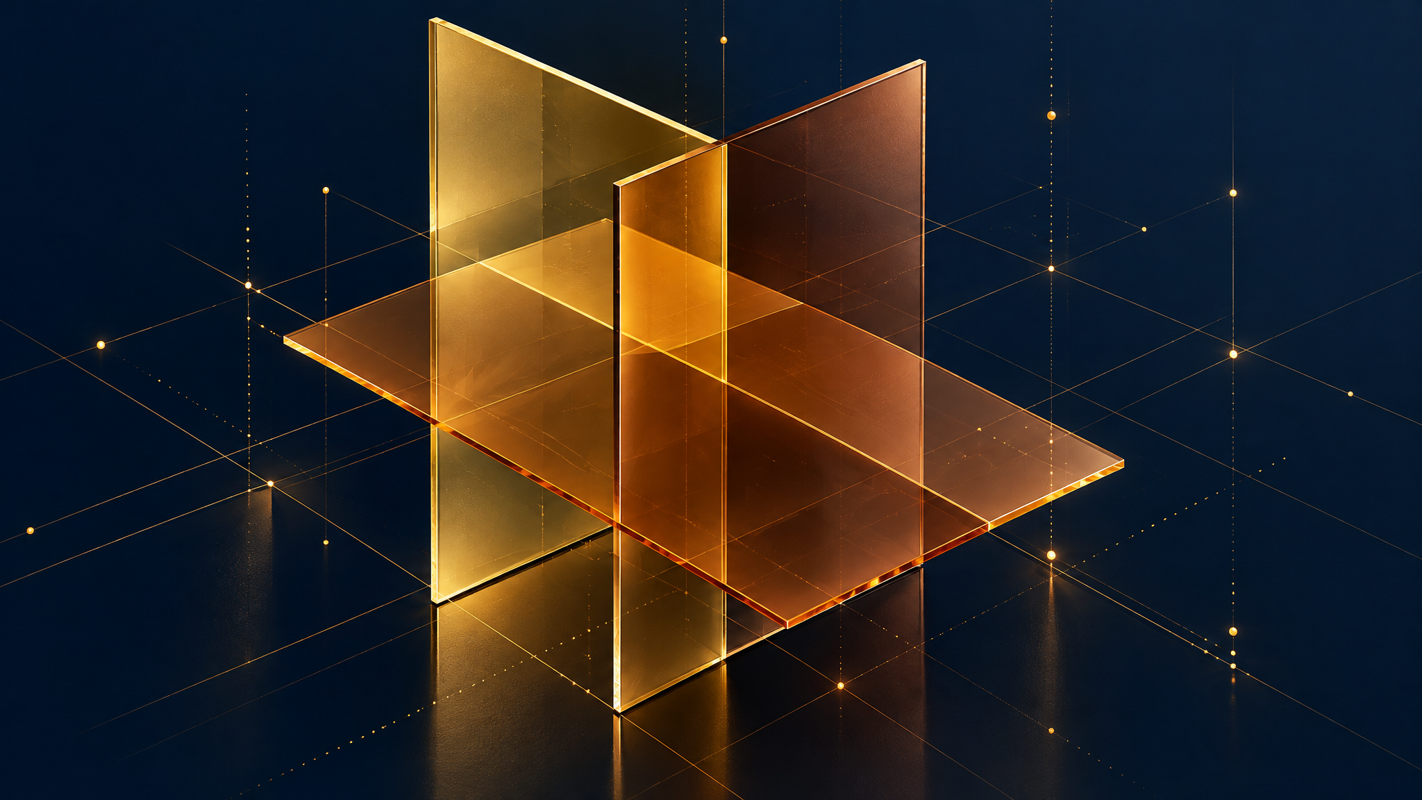 Abstract three-layered geometric composition representing the Technical-Commercial-Legal analysis framework