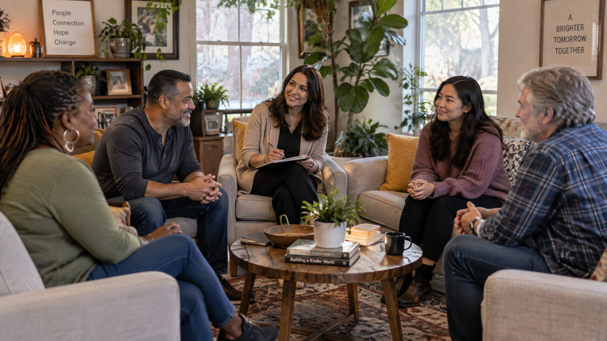 Supportive group session in a comfortable living room setting