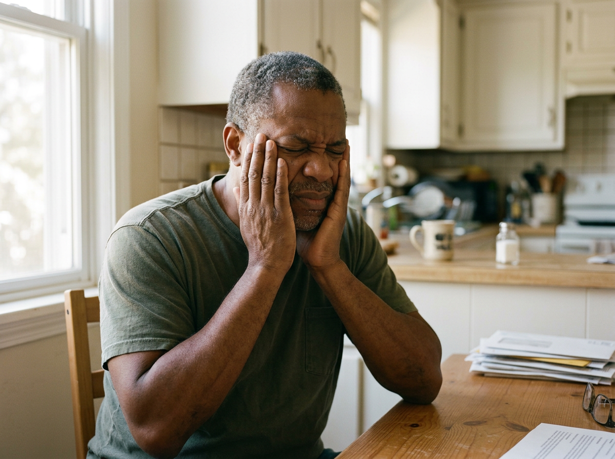 Black male veteran in his 50s in his kitchen pressing both hands to his cheeks with a pained expression from sinus facial pressure