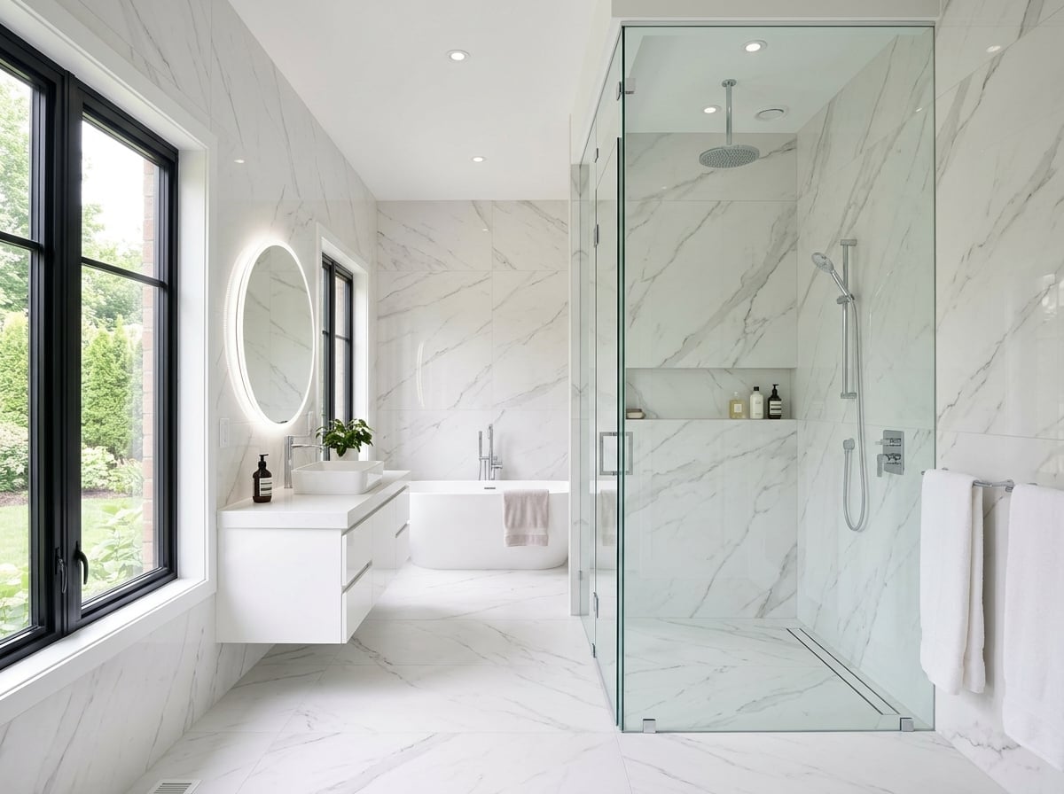 Large format porcelain tile bathroom with walk-in shower