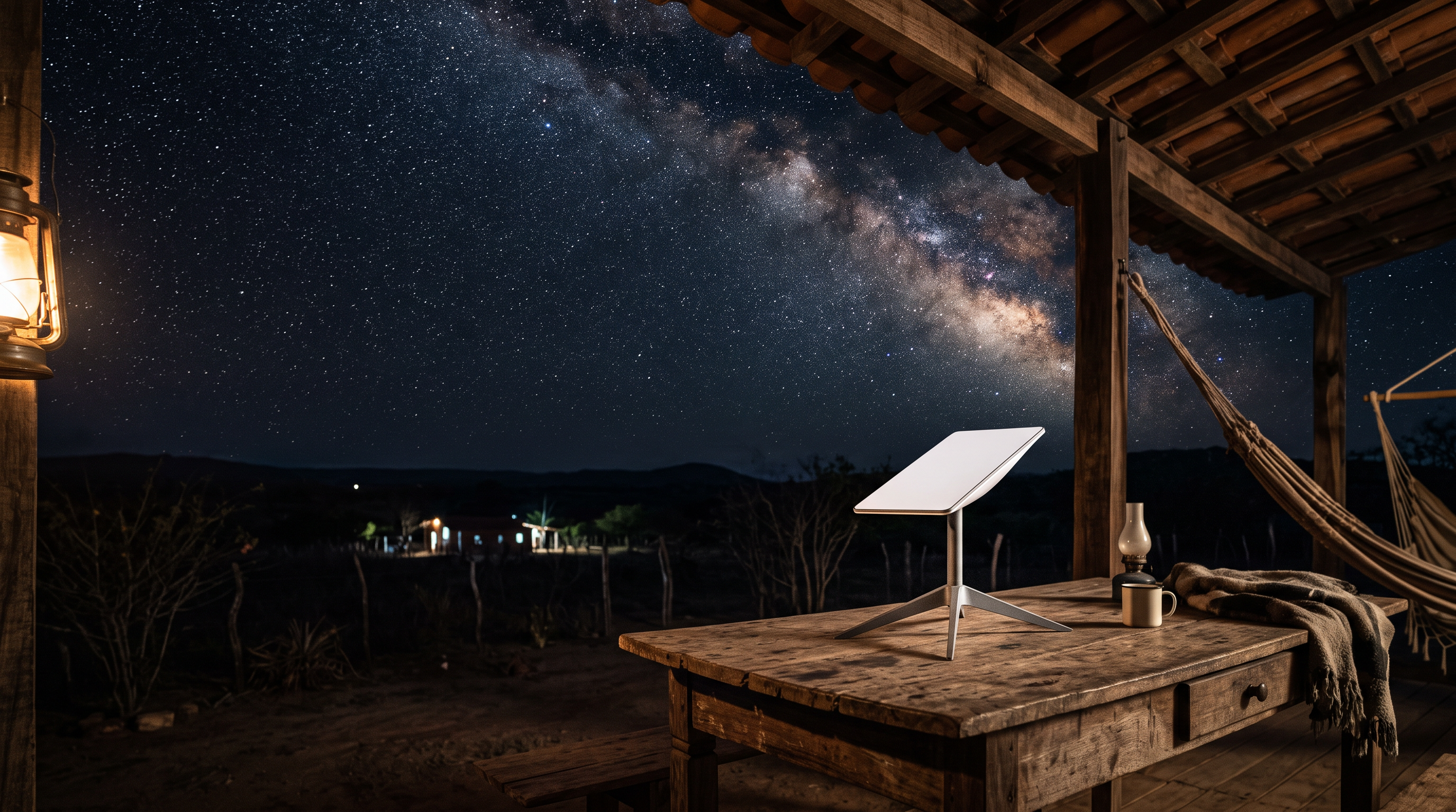 Antena Starlink Mini em uma varanda no interior da Paraíba sob o céu estrelado