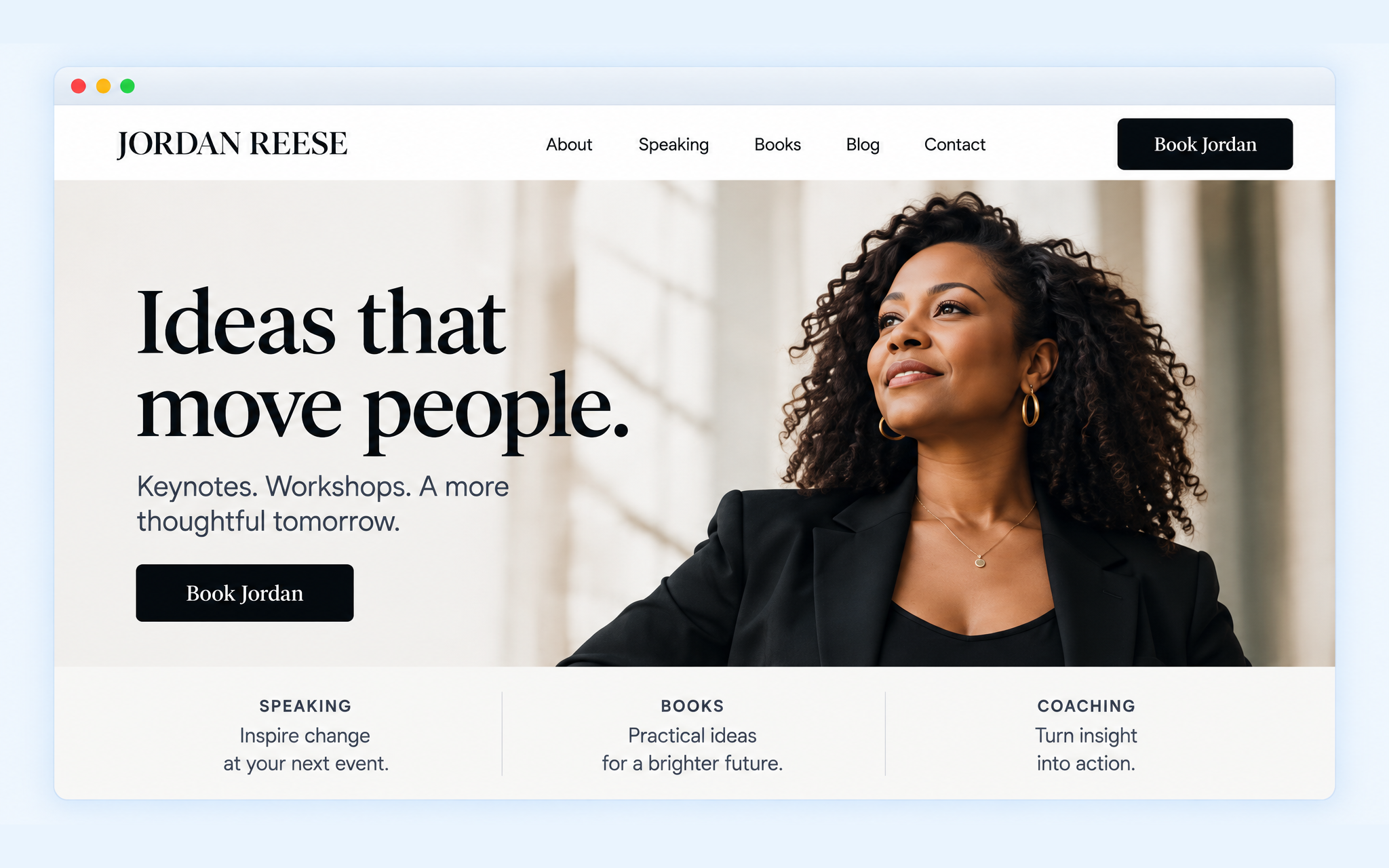 Illustrative website design showing a professional speaker website on desktop