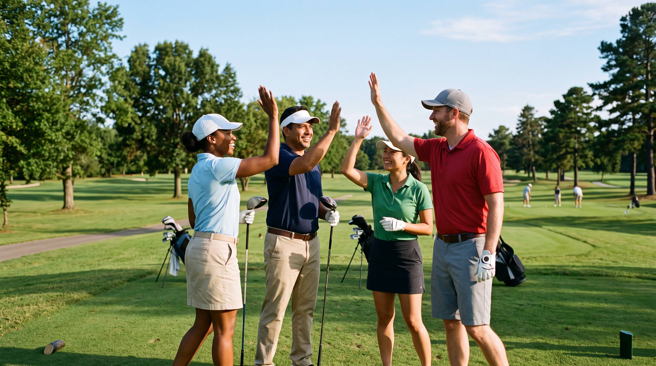 Two men and two women golfers high-fiving on a sunny golf course