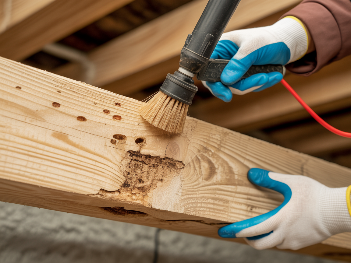 Woodworm damage being treated on timber beam