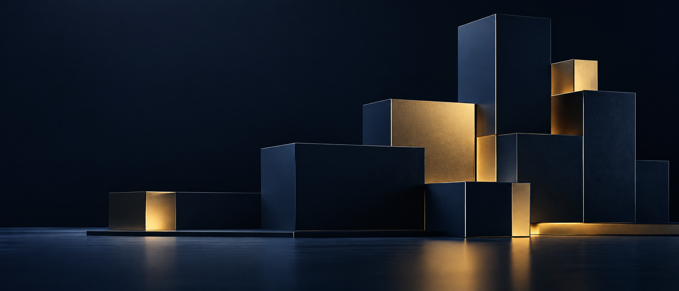 Abstract navy and gold modular blocks representing technology licensing for GCCs