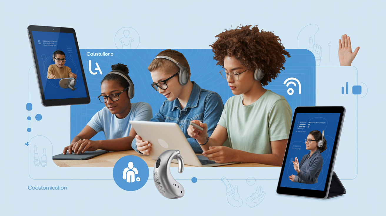 Estudiantes diversos colaborando con herramientas digitales educativas y tecnología de asistencia auditiva