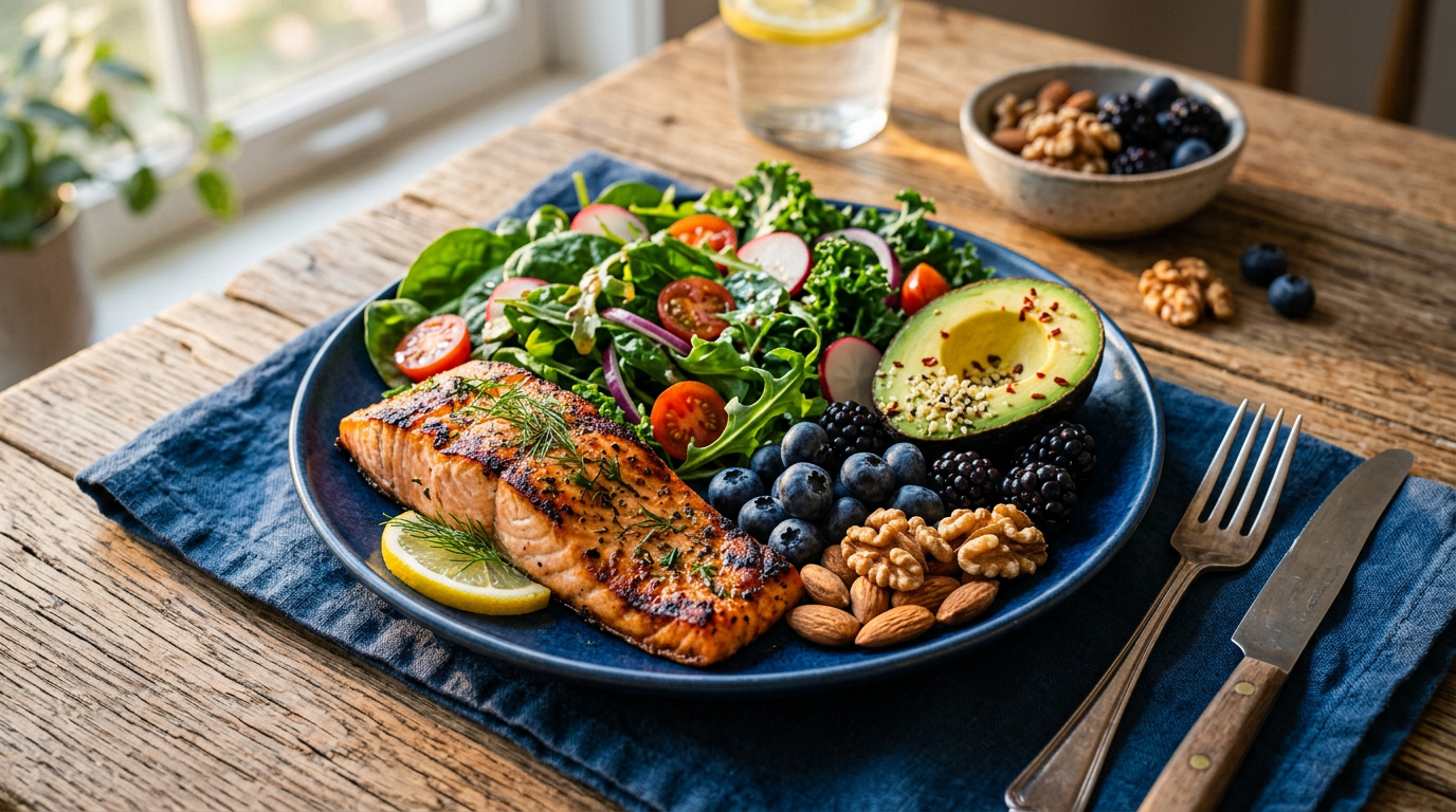 Refeição saudável com alimentos para o cérebro: frutas vermelhas, nozes, salmão e verduras — nutrição para a atenção