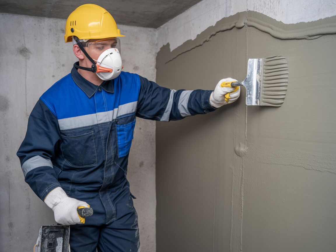 Professional applying basement waterproofing tanking slurry