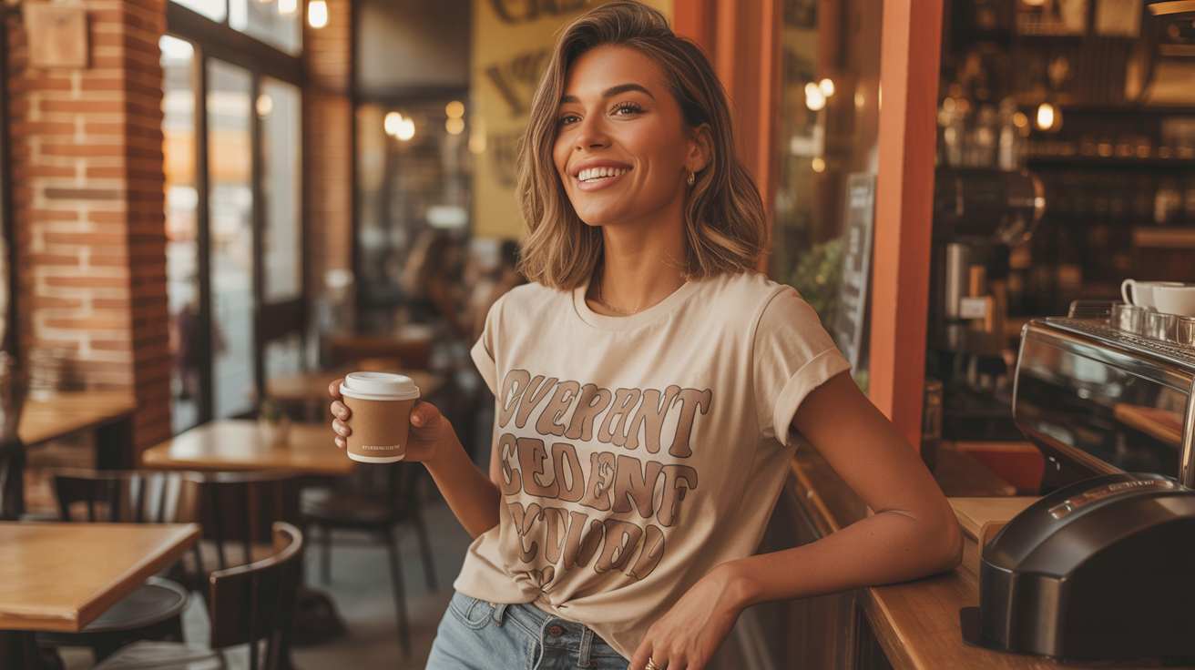 Woman wearing a funny graphic t-shirt in a warm cafe setting