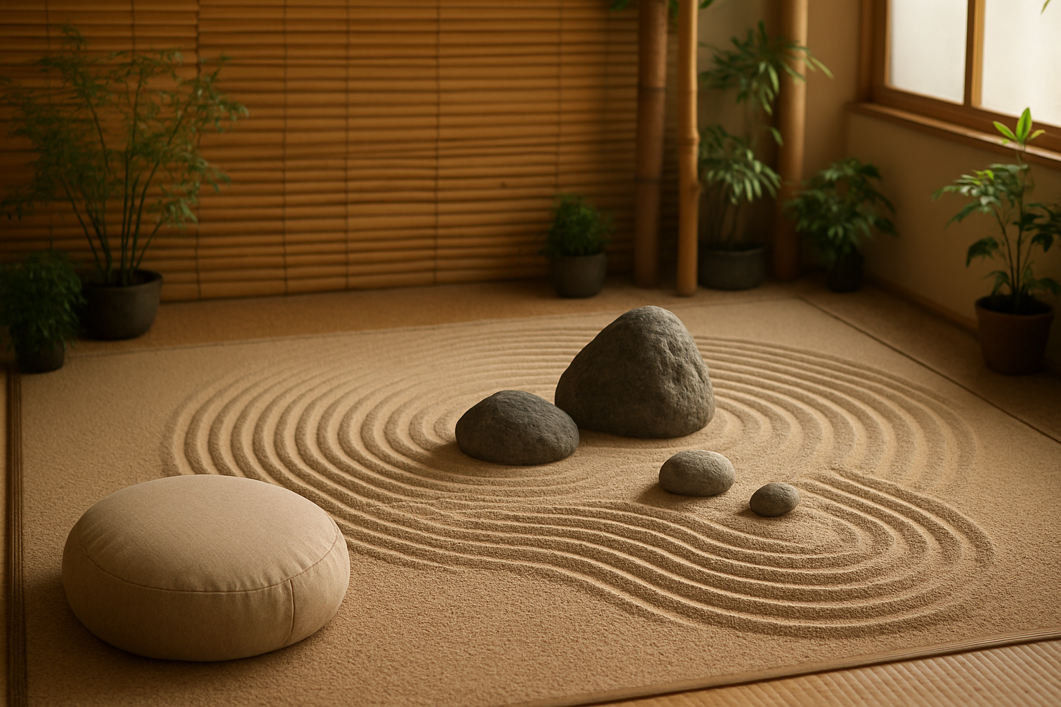 Zen garden scene with meditation elements representing mindfulness practice