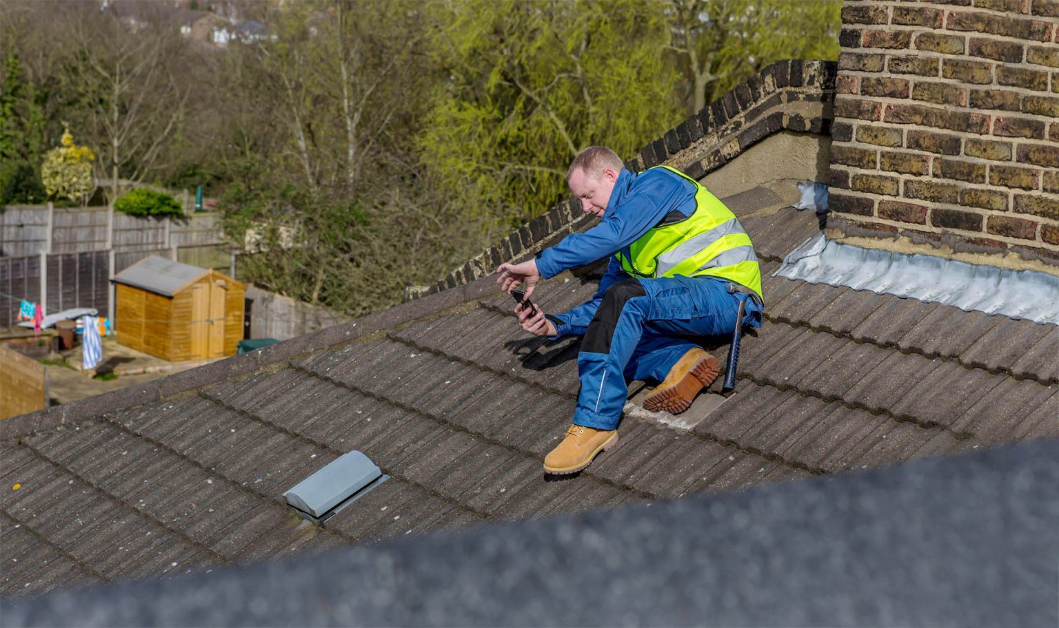 Professional roofing team at work
