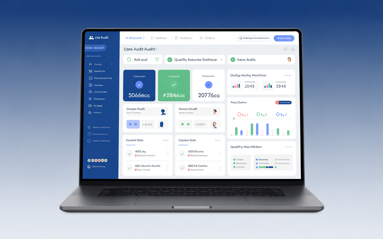 MyCareAudit AI-powered dashboard showing compliance scores, quality assurance analytics and audit insights for CQC and Ofsted regulated care services