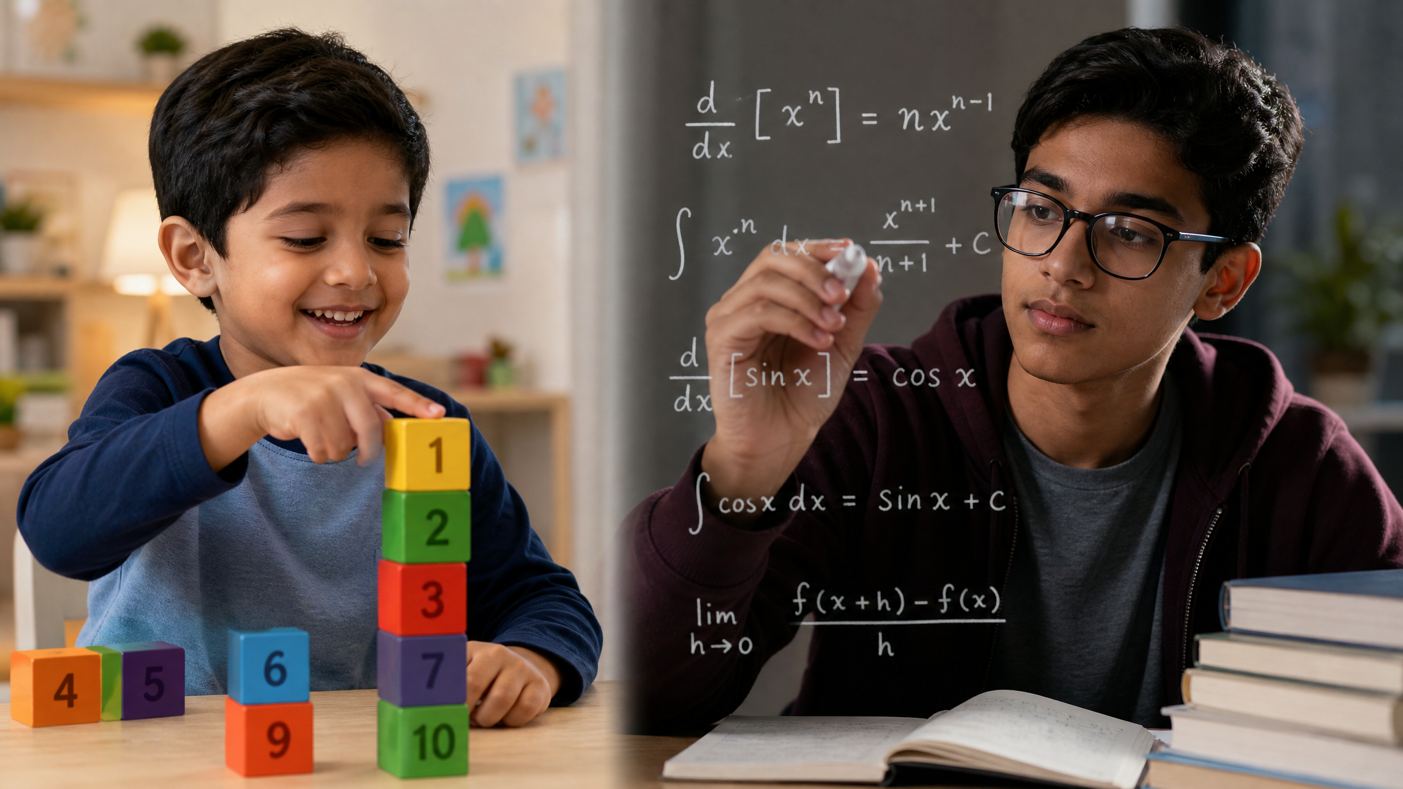 Learning progression from young child counting blocks to teenager solving calculus equations in the Kumon math program