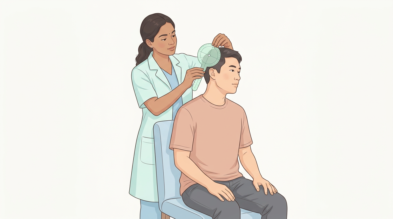 Illustration of a clinician measuring a seated patient's neck rotation with a goniometer