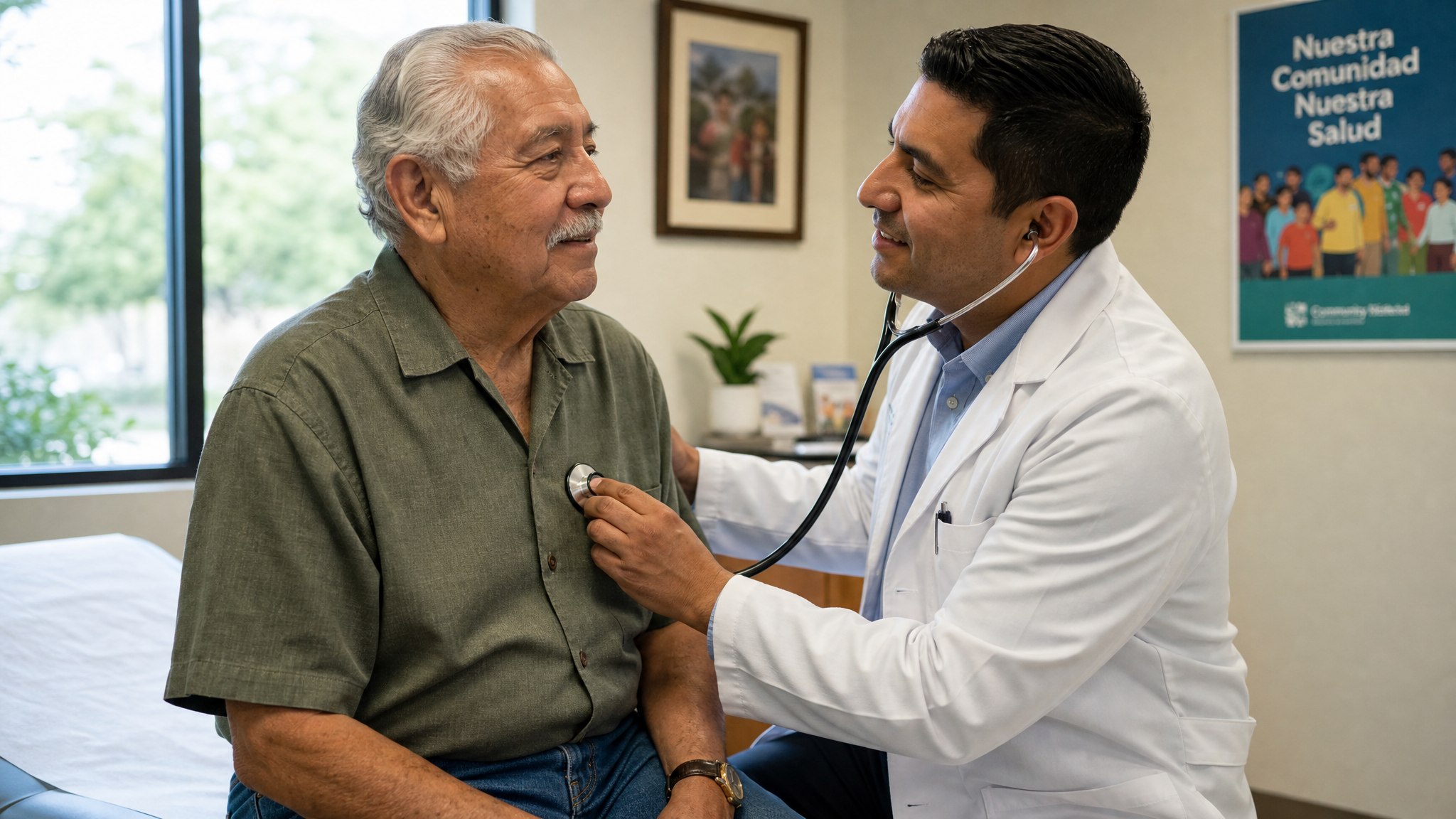 A senior Latino male veteran being examined by a friendly community doctor with a stethoscope at a local clinic near home