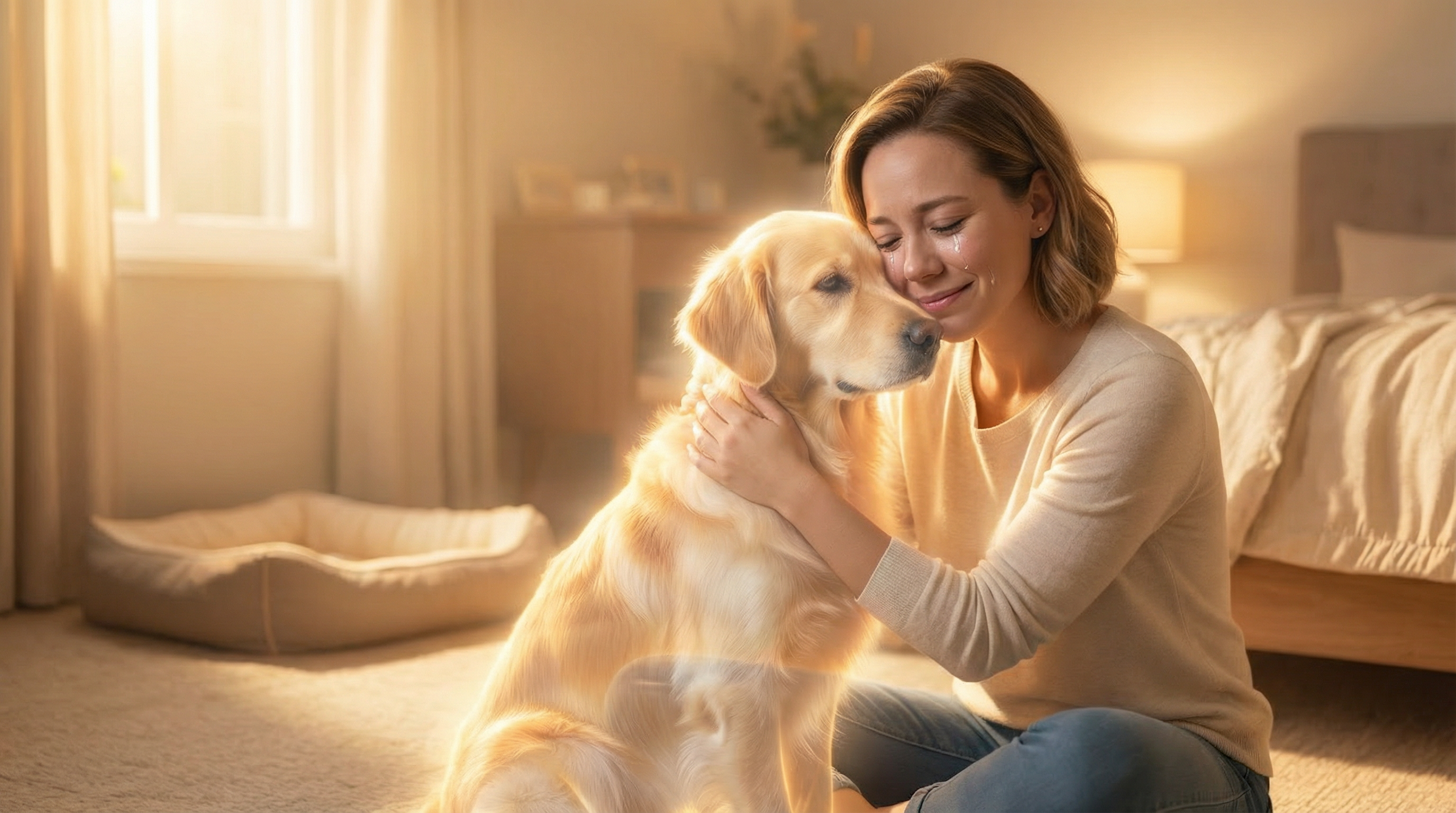 The same woman smiling, embracing a translucent ghost-like glowing golden retriever in warm golden light