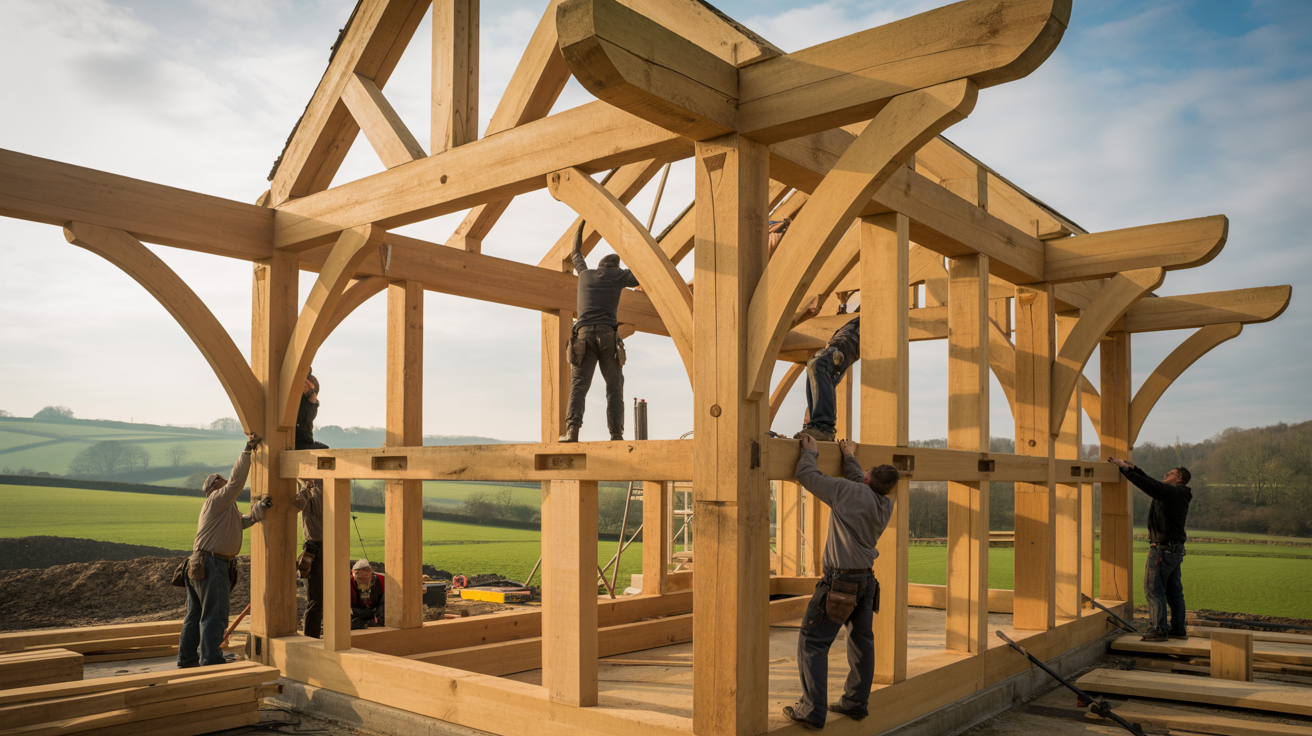 Green oak frame raising on building site in Hertfordshire