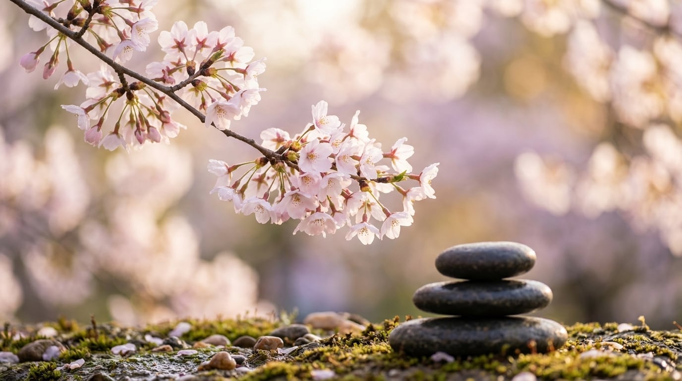 Flores de cerezo con piedras zen