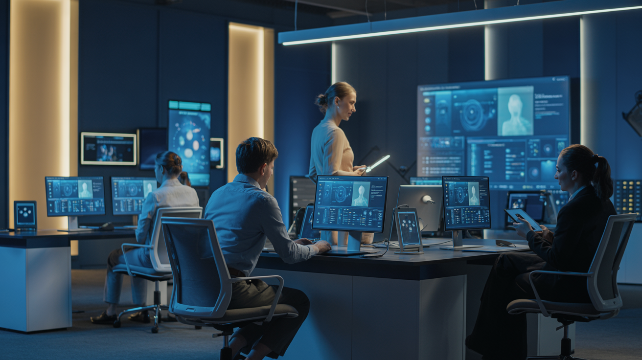 Creative Kings Productions team working in a modern office with AI technology displays