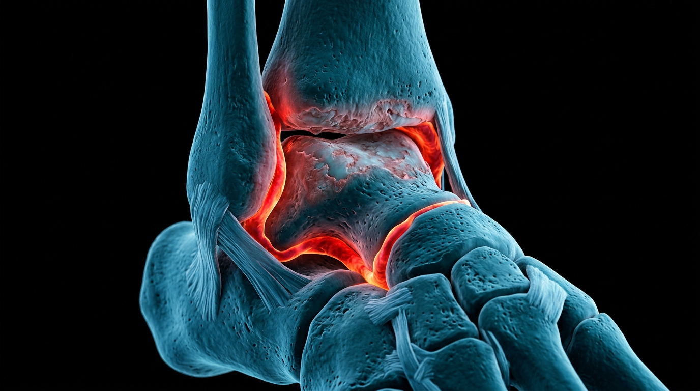 A detailed 3D anatomical render of a human ankle joint on a black background, showing damaged cartilage surfaces and inflamed synovium in red and orange tones against teal bone structure