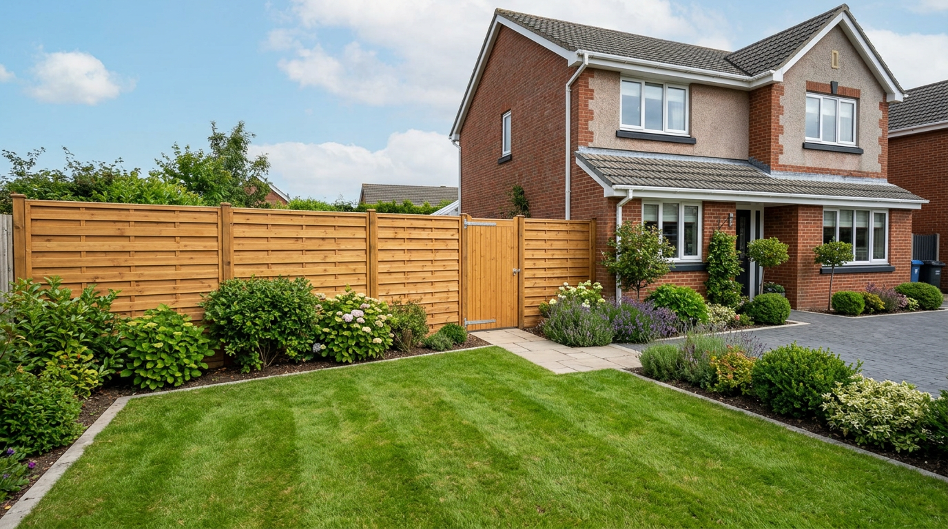 Wooden panel fence and matching gate in a UK front garden