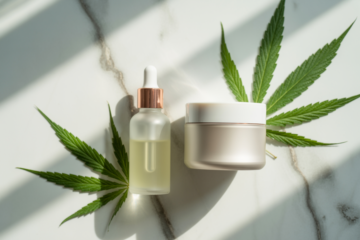 CBD skincare products with hemp leaves on marble surface - natural combination skin care