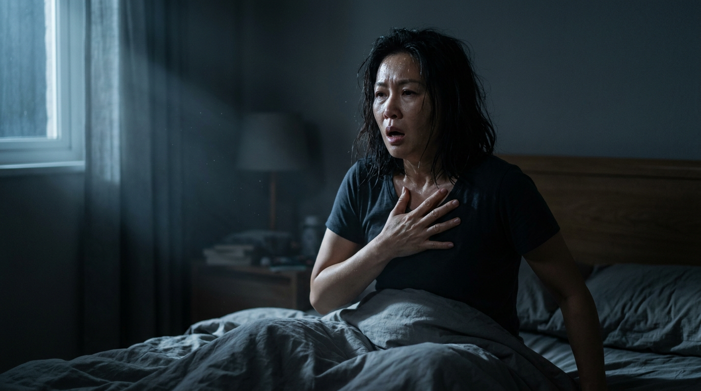 An Asian woman veteran sitting up abruptly in bed at night, hand on her chest, gasping for air after a choking episode from sleep apnea