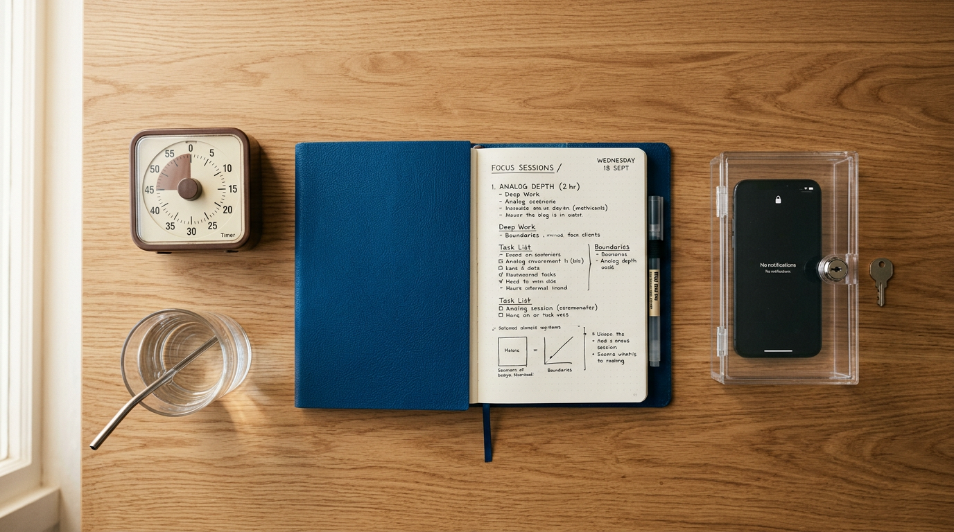 Workspace organizado com timer caderno e celular guardado representando sistema de recuperação de foco