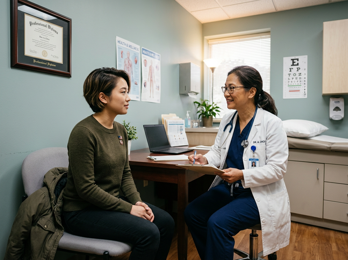 Woman veteran in a calm, private consultation with a female doctor