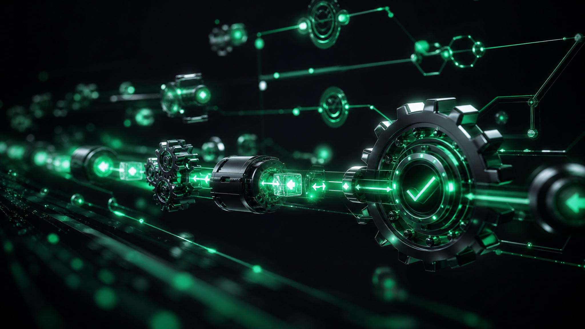 Glowing emerald pipeline of automated business workflows