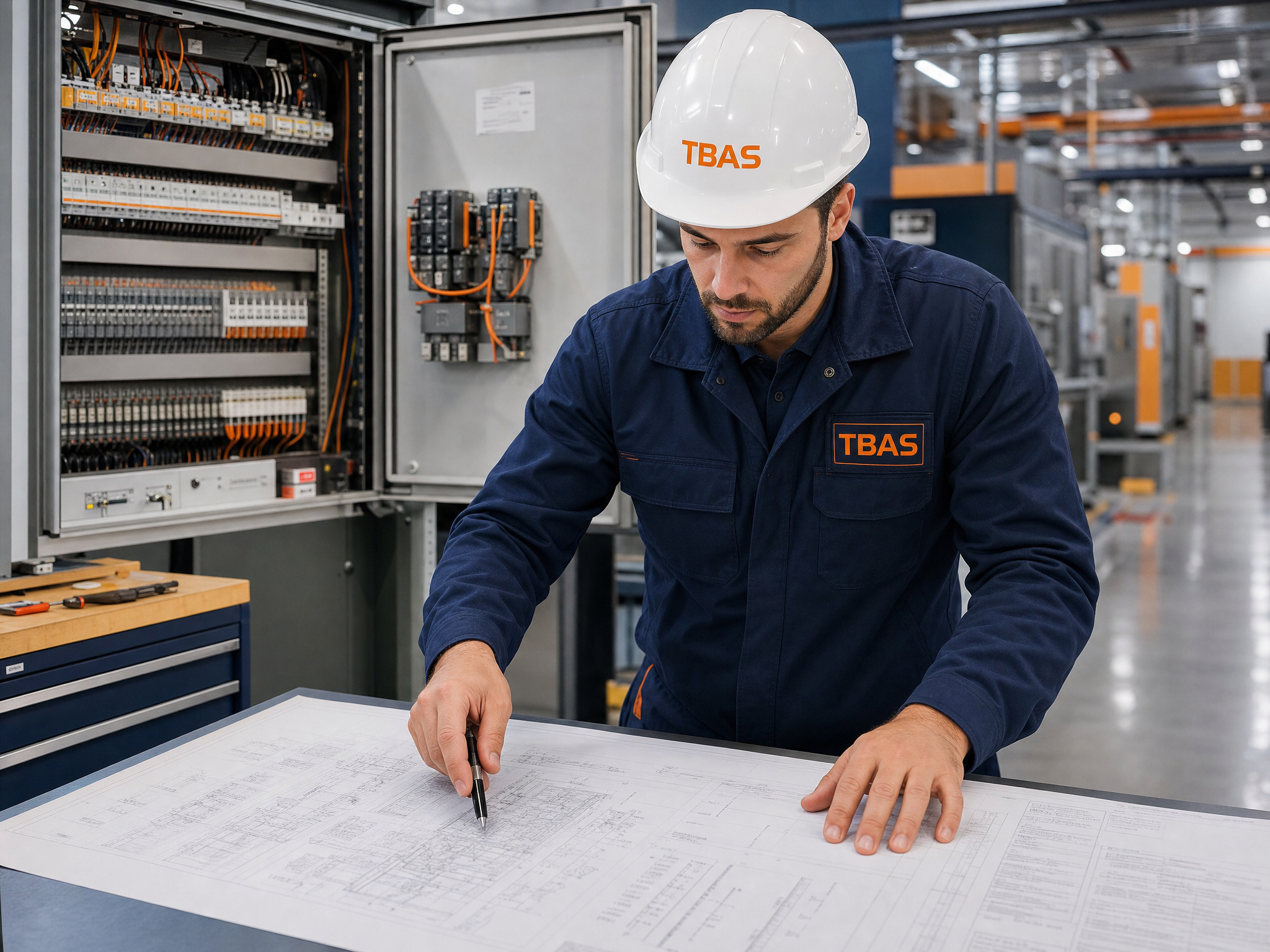 TBAS engineer reviewing engineering schematics in industrial facility