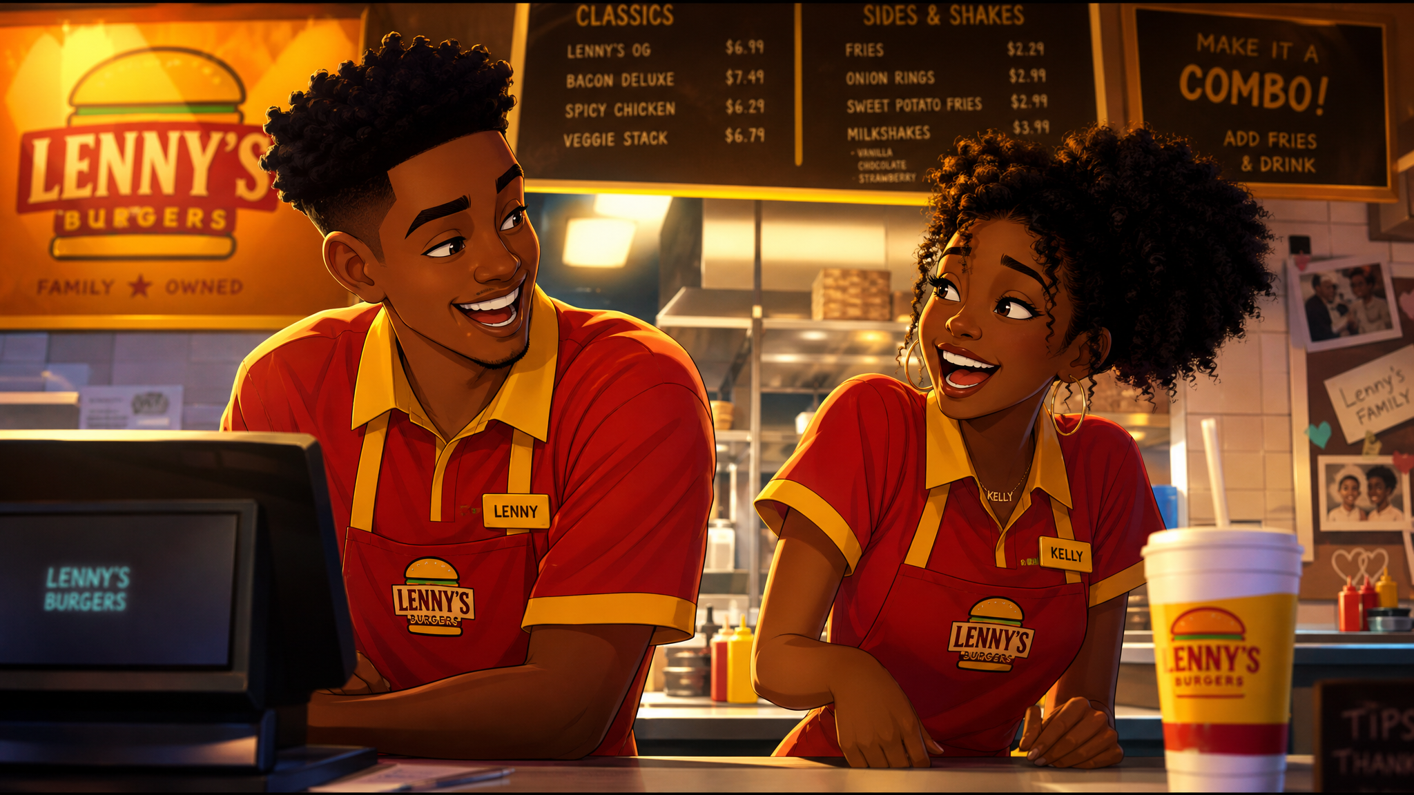 Lenny and Kelly working together behind the Crumpy's counter