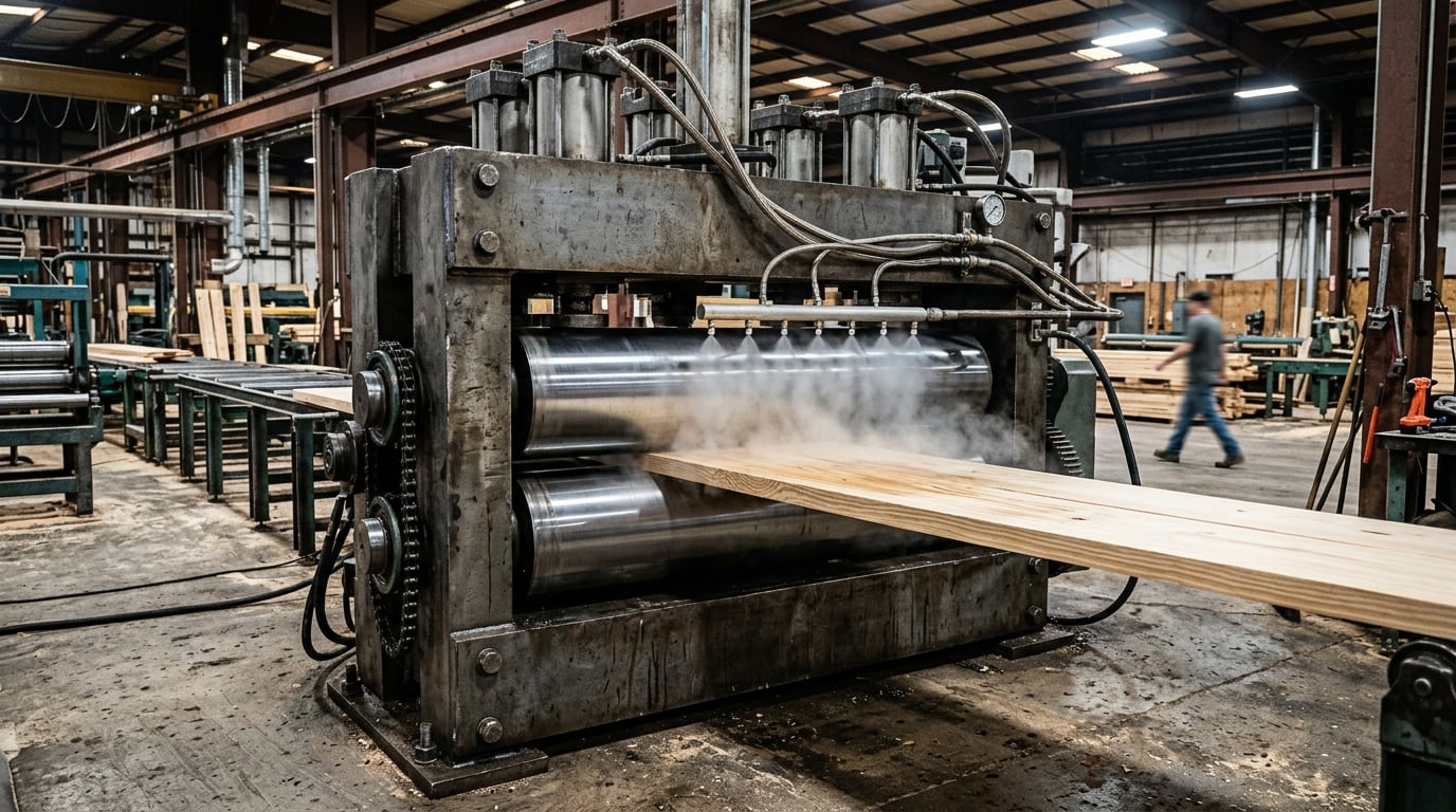 Isometric 3D render of TimberSteel plate-bracket roller mill with top and bottom steel plates, hydraulic cylinders, steam manifold, and cool rollers