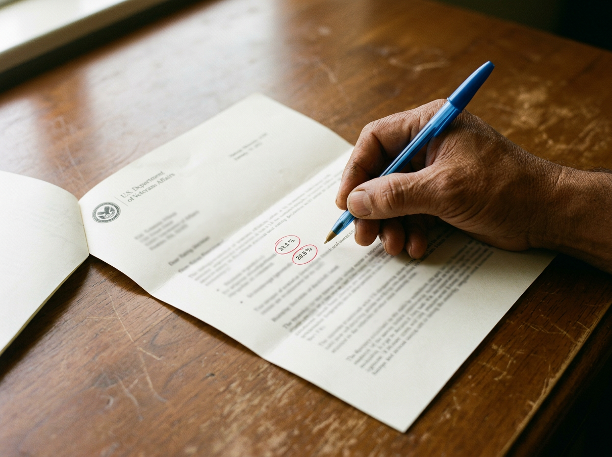 Close-up of a VA rating decision letter with percentage figures circled in red ink and a veteran's hand holding a pen