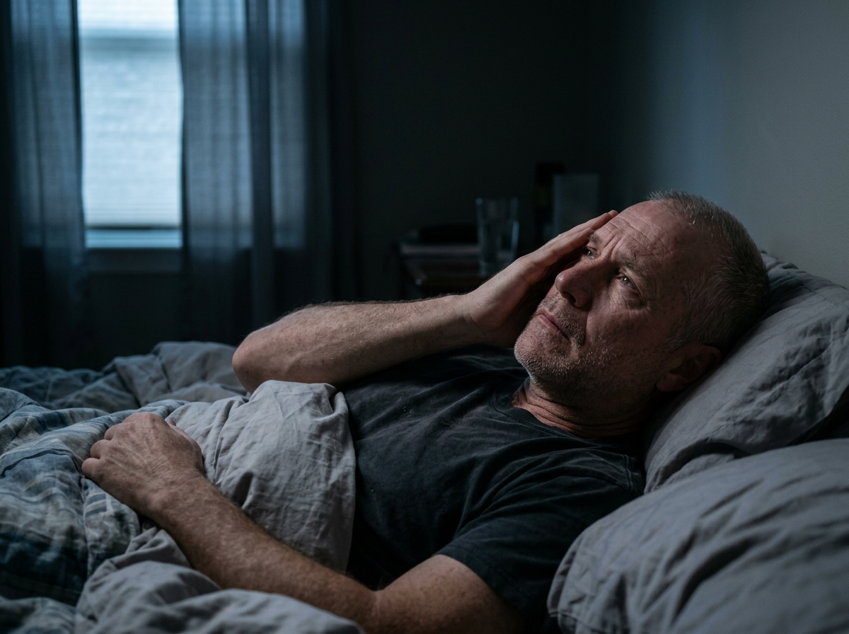 A veteran lying awake in bed unable to sleep, staring at the ceiling in a dimly lit room